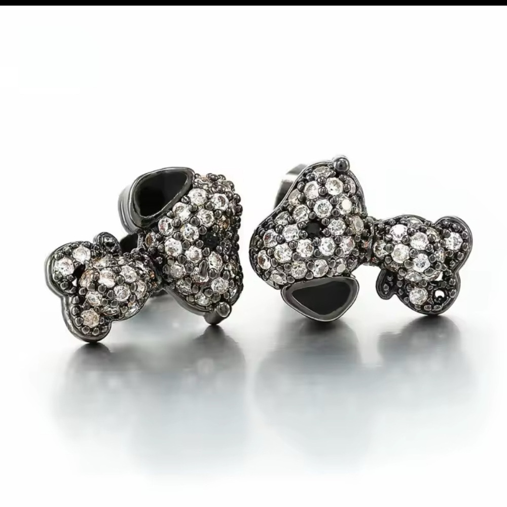 18K Black Gun Metal Gold (Rhodium) Snoopy Peanuts Theme Pave Inlay Earrings